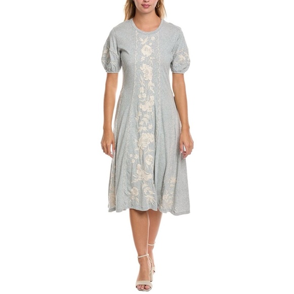 Johnny Was Dresses & Skirts - Johnny Was Gray Seamed Knit Midi Dress Embroidered Puff Sleeve M NWT